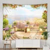 Tapisserier Scenic Landscape Tapestry Seaside Paris Tower Spring Flowers Romantic Coastal Sunshine Wall Hanging Art Deco Living Room Mural