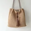 Bag 2024 INS Sen System Retro Literary Wolle One-Shoulder Kei Weaving Baumwolllinie Casual Eimer Tte Einkaufseinfachheit