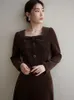 Work Dresses DUSHU French Vintage Style Gentle Romantic Suit For Women Winter Square Neck Top High Waist Slimming Skirt Two-piece Set Female