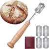 أدوات الخبز عرجاء الخبز الفولاذ المقاوم للصدأ مع 5 شفرات بديلة منحنية القاطع الخشبية مقبض خشبي JT172