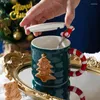 マグカップクリスマスマグミルク飲料コーヒーカップ蓋とスプーンクリエイティブハンドドローリリーフツリーセラミックウォーター