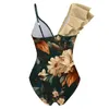 Women's Swimwear Printed floral swimsuit womens one-piece pleated swimsuit 2024 womens deep V bikini summer beach swimsuit womens swimsuit J240330