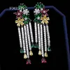 FXLRY Multi Color Flower Dangling CZ Stone Long Big Tassel Drop Earring For Women Luxury Cubic Zirconia Jewelry 240401