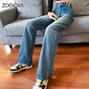 Frauen Jeans ZOENOVA Herbst Marke Kleidung Gerade Bein Frauen 2024 Weibliche Mode Blau Hosen Koreanische Y2k Hohe Taille Vintage Strech Denim