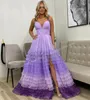 Ruffle Ombre Prom Dress Layer Blush Light Blue Purple Lady Preteen Pageant Gown Formal Evening Cocktail Party Wedding Guest Red Capet Runway Gala Black-Tie High Slit