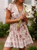 Vintage chique moda feminina hippie floral impressão com decote em v boêmio mini vestido senhoras manga curta verão praia envoltório boho vestidos 240313
