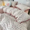 Ins Girls Cherry Bedding Set Soft Washed Cotton Bed Sheet King King Size Simple Quilt Cover Pudow Case Linens 240329