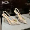 Robe chaussures 2024 talon fin pointu diamant pompes perle mariage étincelles baotou verre colle sandales à talons hauts