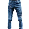 Retro Moto Biker Gerade Elastische Jeans Männer Zipper Loch Streetwear Punk Dünne Denim Cargo Hosen Pantalones Hombre Y2K Kleidung 240329