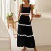 Work Dresses Holiday Skirt Sets Wave Stripe Print Sleeveless Sexy Two Piece Set 2024 Summer Strap Crop Tops Skirts Beach Party Dress Suit