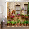 Duschgardiner Farm Style Curtain Garden Potted Italian Green Plants Vintage Windows Medelhavet Grekland Scen Badrumsdekor