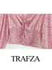 Blusas femininas trafza feminino estilo boêmio blusa impressão com decote em v lanterna manga rendas cintura elástica verão camisas casuais femininas 2024 na moda