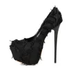 Klänningskor 2024 Spring Slingback Shoes Women Black White Fluffy Feather Round Toe Strip Pole Dance Extreme High Heels Platform Pumpar H240401DWIP