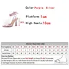 Klänningskor Nya mode Pearl Flower Women Ankle Strap Sandaler Sexig tå Cross bundna High Heels Wedding Prom Shoes Purple Silver H240401khis