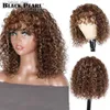 Syntetiska peruker Deep Wave Short Bob Human Hair Wigs With Bangs Curly Wig Mix Brown Color Highlight Kinky Curly Bob Wig With Bangs Y240401