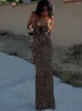 Robes décontractées Byemylove léopard col en v à lacets robe longue pour femmes élégante mode imprimé sans manches spaghetti sangle maxi femme