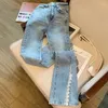 Calça jeans feminina estilo coreano chique primavera outono cintura alta renda retalhos divisão flare calça jeans para 18-24 anos de idade