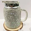 Mugs SCAONORCH Sparkling Rhinestones Coffee Mug Cup With Lid Handle Bling Diamond Ceramic Tea Tumbler Water Bottle Glitter