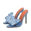 Dress Shoes Fashion Blue Denim Big Butterfly Womens Thin High Heels Slippers Sandal Sexy Toe Slides Stripper Party les Shoe H240401