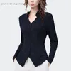 Kadın Bluzları 2024 Sonbahar Kadınlar Uzun Kollu Mavi Jacquard Retro Germe Örme Gömlek Zarif İnce V-Yok Düğme Leydi Üstler