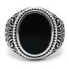Yüzükler Siyah Erkekler Halkası Acate 925 Sterlli Gümüş Oval Doğal Düz Taş Yüzük Vintage Oyma Mücevher Erkek Koca Hediyesi