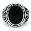 Bagues Bague noire pour hommes avec Agate en argent Sterling 925, bague ovale en pierre plate naturelle, Design sculpté Vintage, bijoux pour cadeau de mari masculin