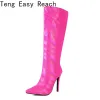Boots 2023 New Women Knee High Boots Thin High Heel Pointed Toe Ladies Calf Boots PU Leather Slip on Dress Women's Boots Plus Size 43
