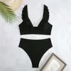 Sexy ARXIPA Bikinis Zweiteiliger Badeanzug für Frauen Rüschen Badeanzug mit hoher Taille Gepolsterter Push-Up-Beachwear Brasilianischer Streifendruck Tiefer V-Ausschnitt Crop Top Plunge