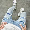 Męskie dżinsy ułożone w stosy męskie otwory streetwearu chude męskie stylowe rozryte solidne spodni hip hop Slim Denim Spoders