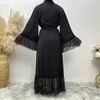 Abbigliamento etnico Eid Ramadan Abito lungo da donna musulmana Caftano aperto Abaya Kimono in pizzo nero Cardigan Dubai Abito turco Abito islamico Jalabiya