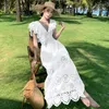 Casual Dresses Ethnic Style Fairy Hollow Brodery Bohemian Dress Ruffled Flying Sleeve V-Neck Slimwaist Chic Long Beach For Women