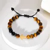 Chain Vnox 8mm Tiger Eye Stone Beaded Bracelets for Men Boys Gold Plated Cross Charm Wristband Faith Prayer Jewelry Q240401