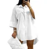 Plus storlek 5xl Women Shirt Dress Solid Color Turndown Collar Summer Mini Lady Loose Loose Irregular Beach Vestidos 240319