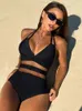 Damskie stroje kąpielowe Peachtan Black Kathing Kombinia Kobiety One Piece Swimsuit Bikini Mesh Patchwork Beach Zestawy Lato 2024