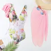 Women's Swimwear Irregular Beachwear Set Stylish Floral Print One-piece Swimsuit With Chiffon Cover Up Skirt V-neck For Female