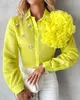 Fashion Woman Blouse Spring Rose Detail Rhinestone Single Breasted Casual Plain TurnDown Collar Long Sleeve Daily Shirt Top 240322