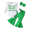 Conjuntos de roupas Baby Girl Outfit Manga Longa Letras Shamrock Imprimir Romper com Calças Flare Xadrez e Headband Roupas de Férias Conjunto