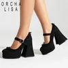 Jurk Schoenen ORCHA LISA Mary Janes Dames Pumps Ronde Neus Ultrahoge Hak 12cm Platform Hill Hart Gesp Plus Maat 43 Sexy Party