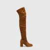 Boots Women Over The Knee High Boots 11cm High Heels Suede Low Block Heels Lady Fashion Fetish Stripper Long Booties Brown Flock Shoes
