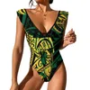 Kvinnors badkläder Polynesiska tryckstödet Back Cut One-Piece Swimsuit Lotus Leaf Deep V Necklinje Elegant 2024 Lårhög sexig bikini