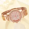 Wristwatches 6PCS Set Rose Gold Luxury Watch Women Ring Necklace Earring Rhinestone Fashion Wristwatch Casual Ladies Bracelet Watches