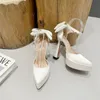 High Heels Women Summer Fashion Satin Face High Heel Sandals Bow One Word Buckle Pointed Toe Thick Heel Womens Shoes 240328