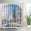 Duschgardiner fönster utanför cederträ vinterskap sätter hem badrummet naturligt landskap tyg badgardin badkar dekor krokar