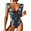 Maillots de bain pour femmes Bikini Polynésien Maillot de bain une pièce imprimé floral sexy col en V profond licou jambe haute pour les femmes