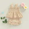 Clothing Sets Toddler Baby Girls Summer Outfit Solid Color Cutout Pleated Tank Tops And Stretch Casual Ruffle Shorts Children's Set