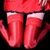 Chaussettes sexy Coloré 80D Dentelle Top Sile Hold Up Cuisse Haut Bas Vintage Huile Brillant Soyeux Bas Femmes Sexy Pole Dance Clubwear Y240401