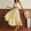 Arbetsklänningar Puloru elegant tvådelar Vest kjoldräkter för kvinnor Summer Patch Color Suspender Crop Tank Tops och flare A-line långa kjolar