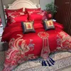 Zestawy pościeli czerwone chińskie ślub 100 egipski zestaw bawełniany loong phoenix haft haftowy kołdak z poduszki na poduszce lniane bedspread poduszki