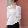 Womens Blouses Shirts Elegant Square Collar Folds Asymmetrical Puff Sleeve Clothing 2024 Summer Loose Korean Tops Irregar Drop Deliver Otigf