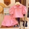 Humor Bear Summer Puff Sleeved Short Sleeved ShirtShort Skirt 2Pcs Kid Clothes Children Girl Suit For 2-6 Years 240326